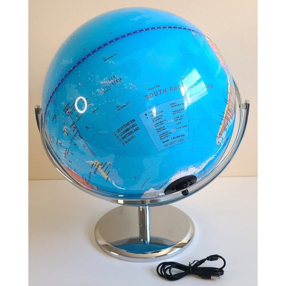 Illuminated World Globe 16.5" Tall With Chrome Stand Modern USB Cable To Charge